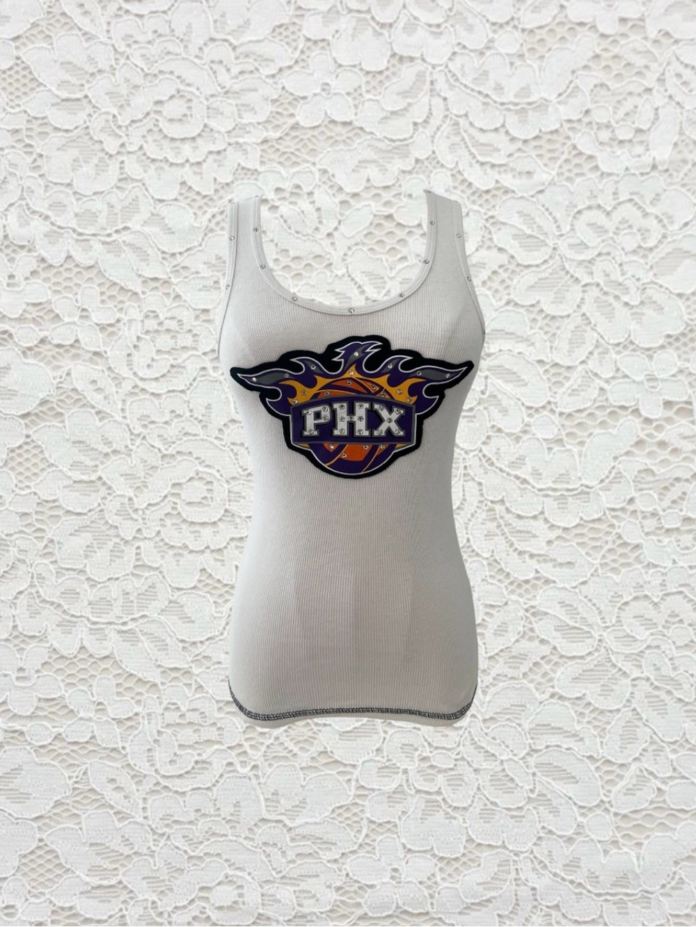 vintage y2k phoenix suns white tank top with rhinestone trim